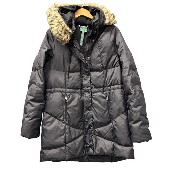 Lauren Active Coat Womens Large Down Puffer Faux Fur Lined Hood Full Zip + Snap - Picture 1 of 9